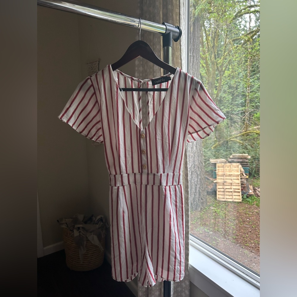 Striped V-Neck Jumpsuit with Buttons